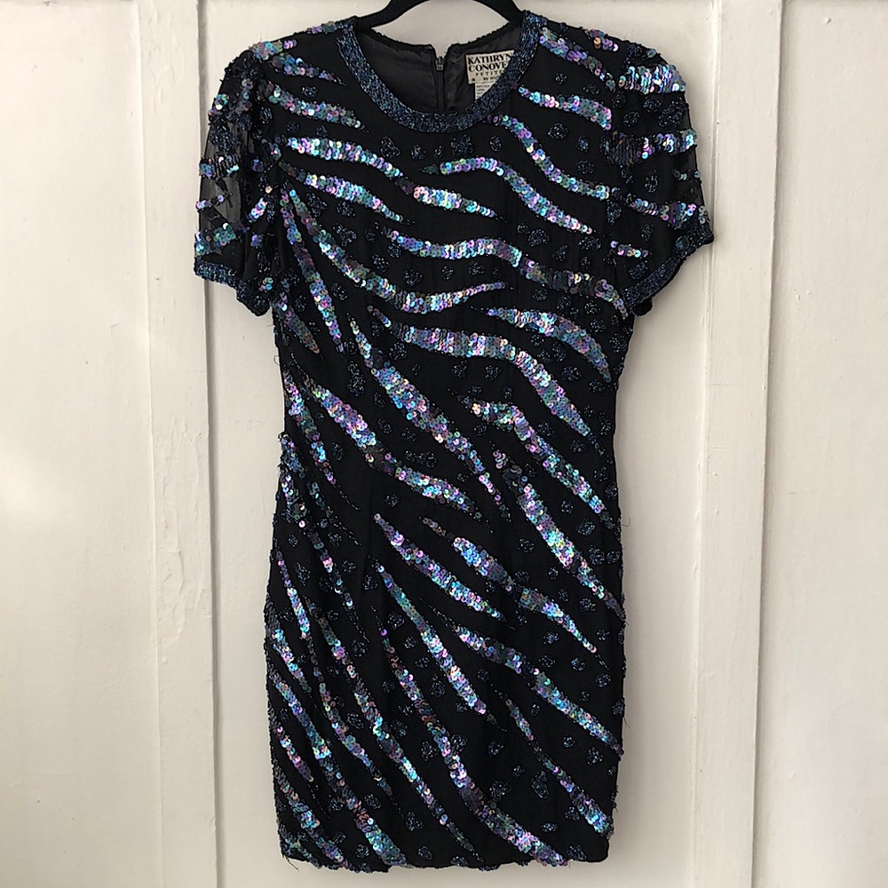 Vintage Kathryn Conover Zebra Stripes Colorful Sequin Silk Mini Cocktail Dress